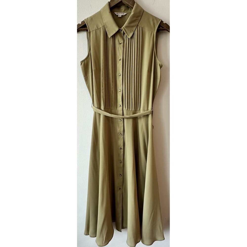 Nanette Lepore Olive Green Pleated Shirt Dress Preppy Office Safari Casual 8